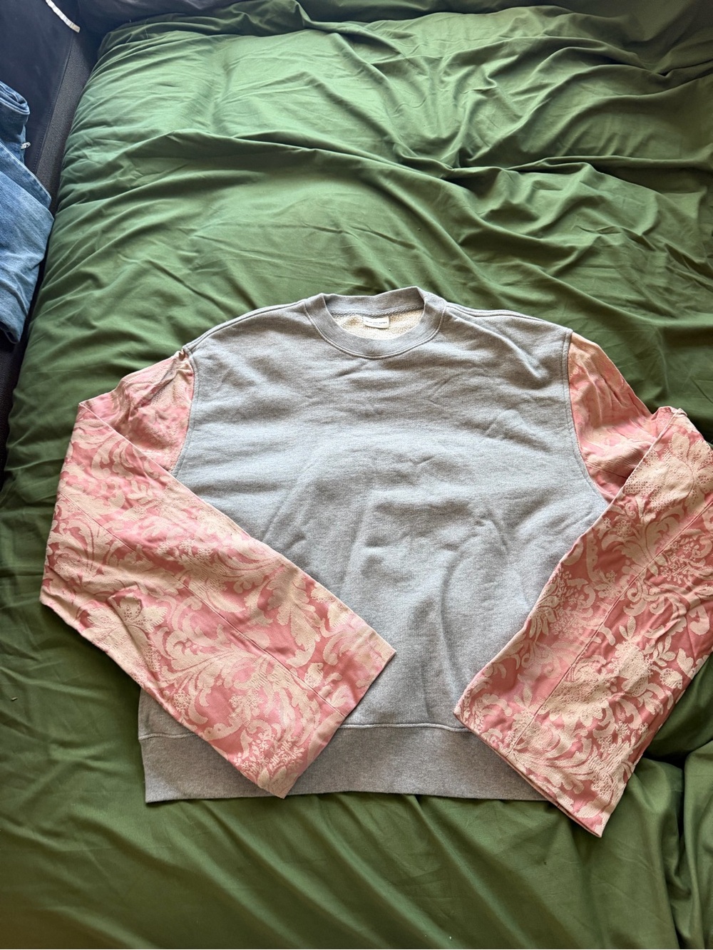 Men's Two-Tone Crewneck Sweater with Pink Patterned Sleeves